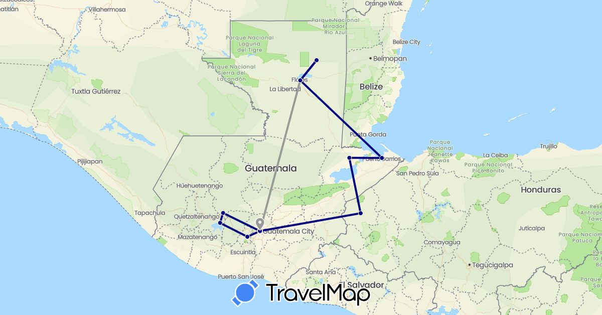 TravelMap itinerary: driving, plane in Guatemala, Honduras (North America)