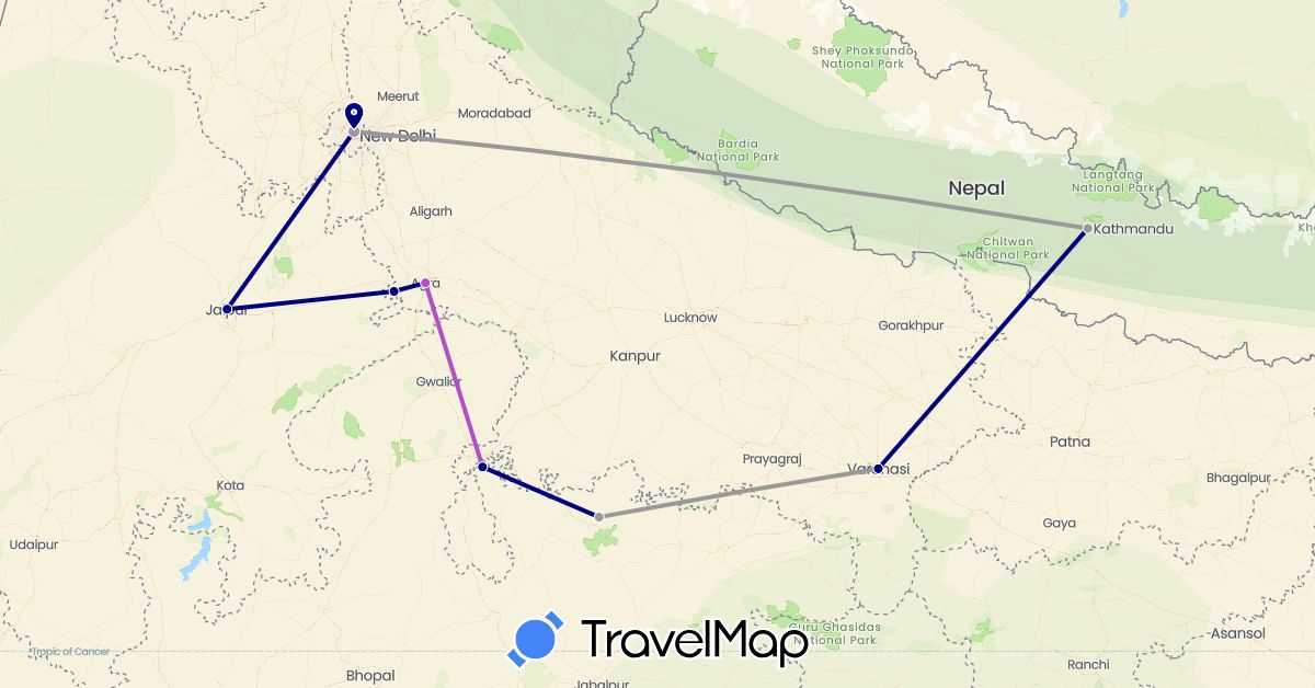 TravelMap itinerary: driving, plane, train in India, Nepal (Asia)
