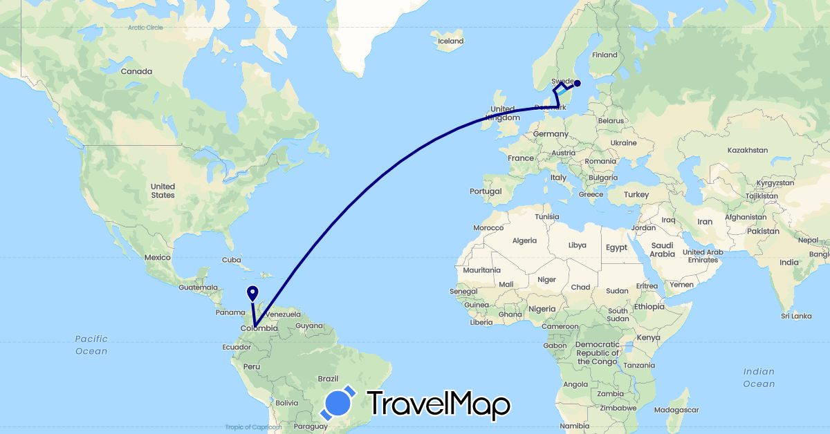 TravelMap itinerary: driving, boat in Colombia, Denmark, Sweden (Europe, South America)