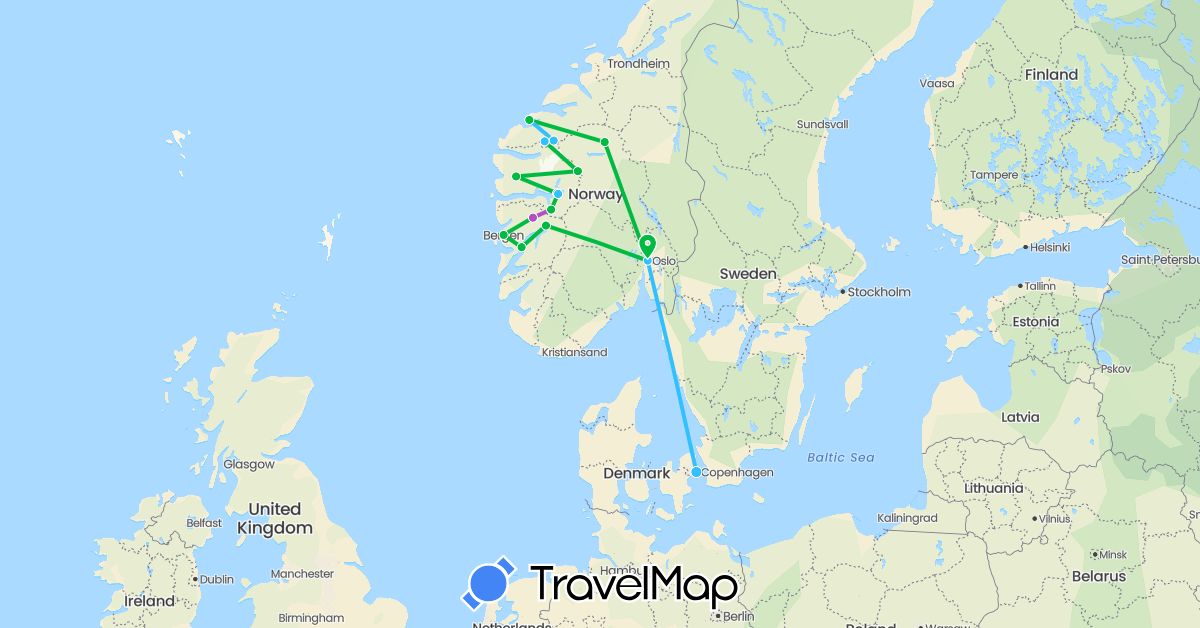 TravelMap itinerary: driving, bus, train, boat in Denmark, Norway (Europe)