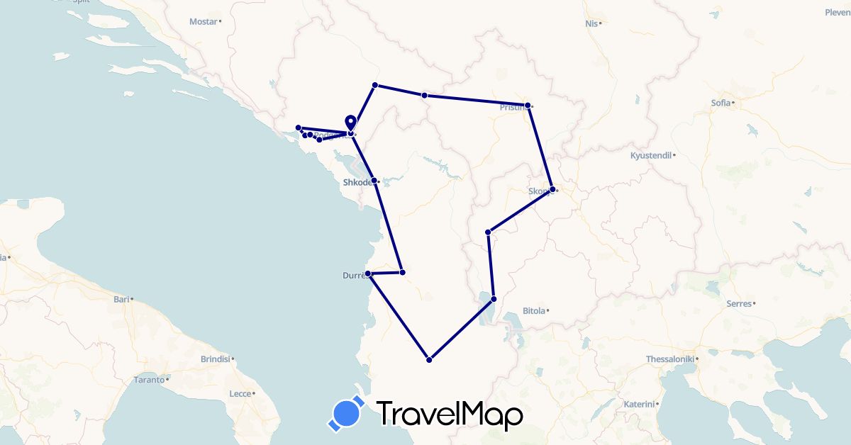 TravelMap itinerary: driving in Albania, Montenegro, Macedonia, Kosovo (Europe)