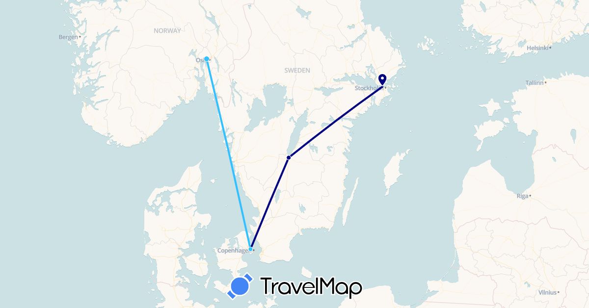 TravelMap itinerary: driving, boat in Denmark, Norway, Sweden (Europe)