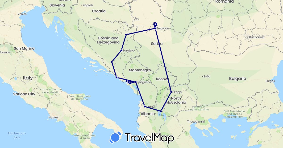 TravelMap itinerary: driving in Albania, Bosnia and Herzegovina, Croatia, Montenegro, Macedonia, Serbia (Europe)