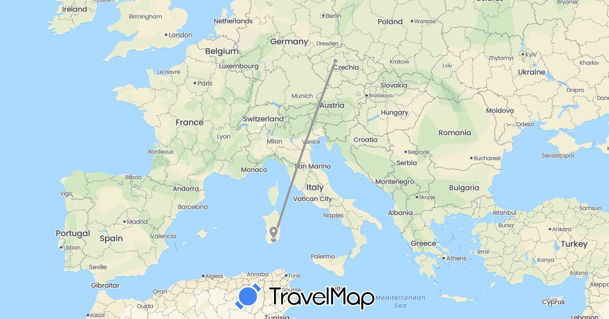 TravelMap itinerary: driving, plane in Czech Republic, Italy (Europe)